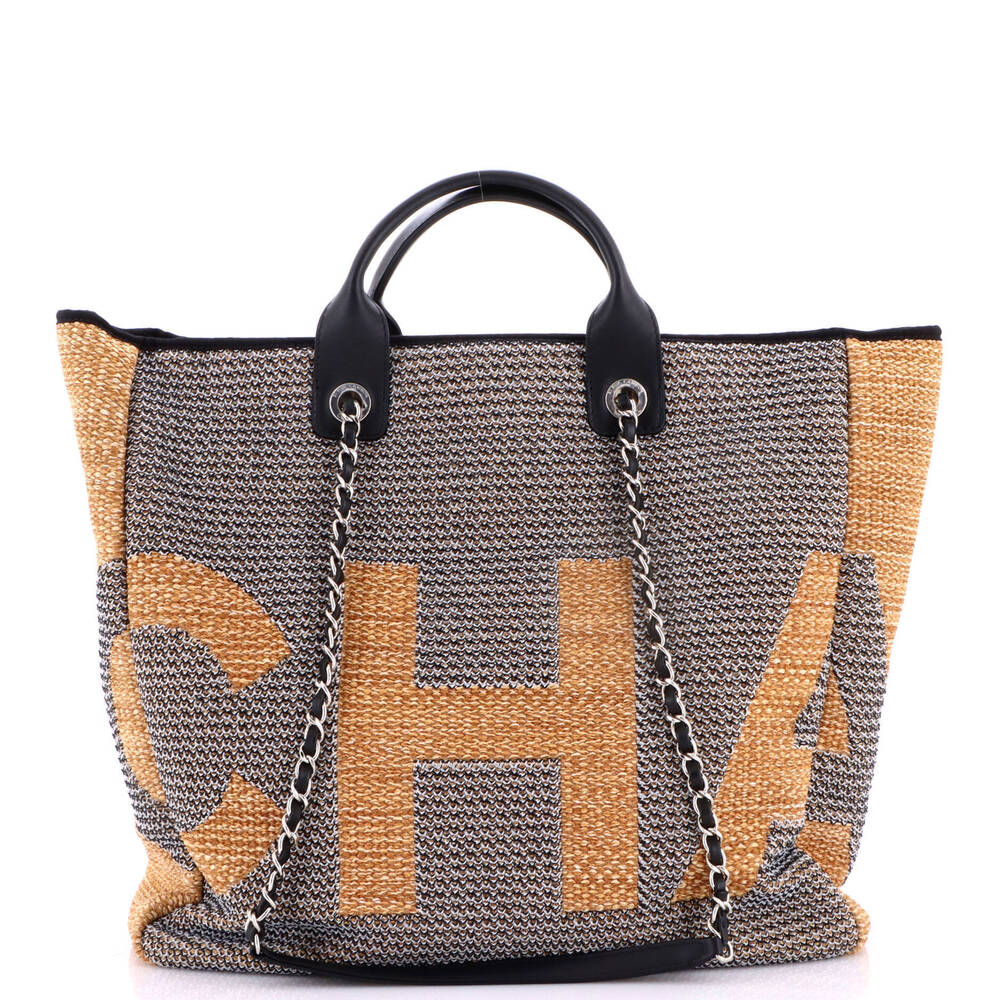 Chanel Large Deauville Logo Shopping Tote Printed Raffia